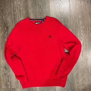 Chaps Sweater Mens Medium Red Crewneck Knit Cotton Embroidered
